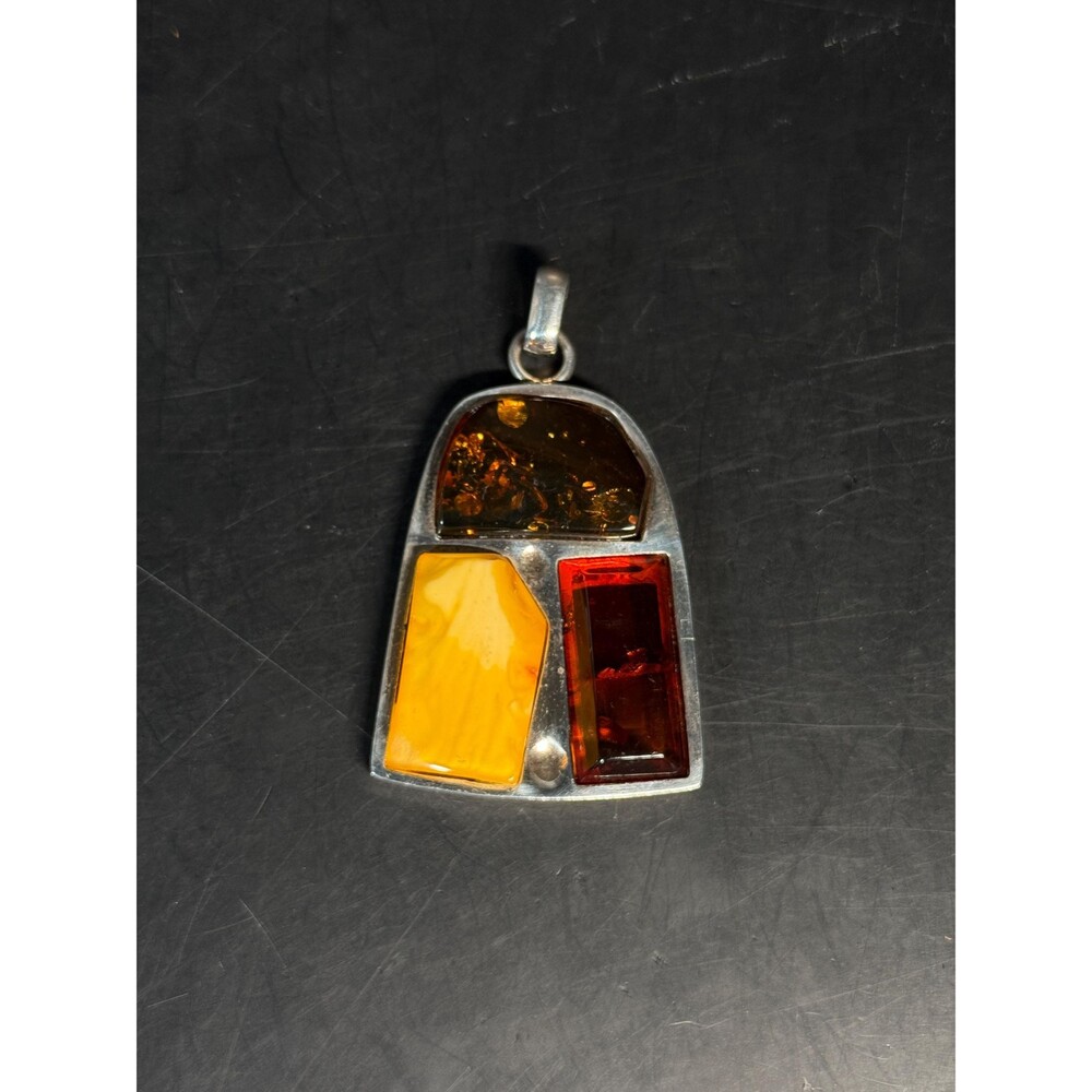Large Amber Sterling Silver Pendant Multi Color Butterscotch Cherry Cognac